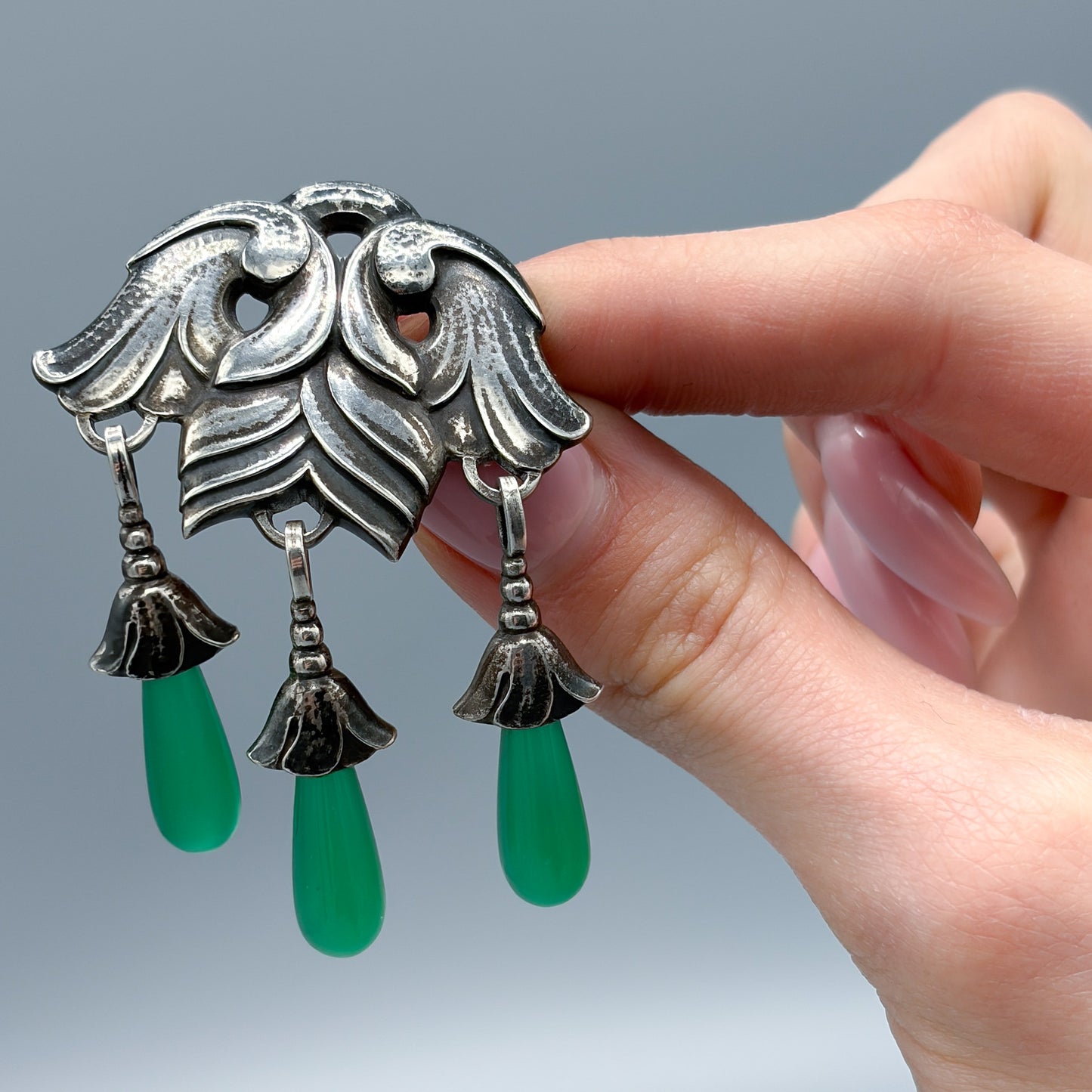 Estate Georg Jensen Art Nouveau Brooch with Green Onyx Drops no. 132