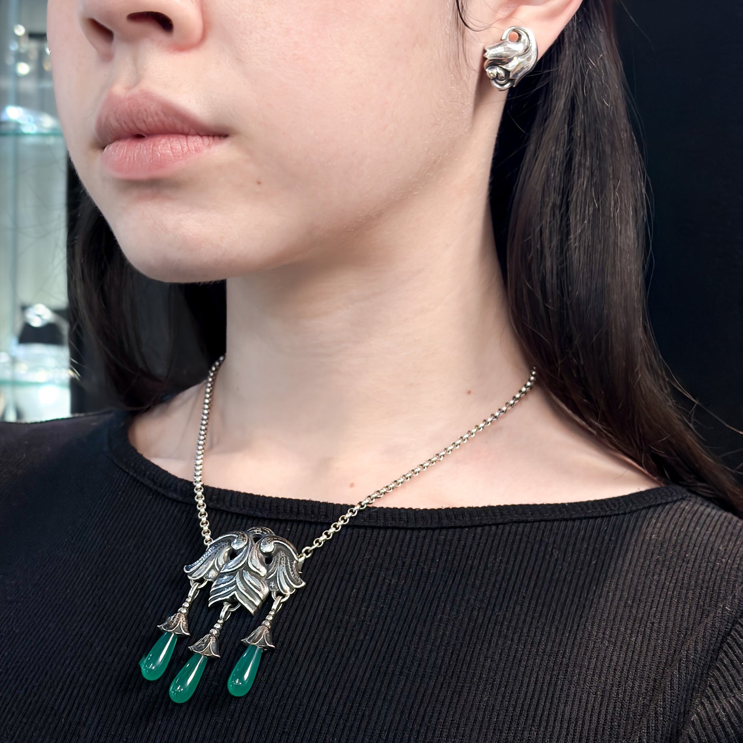 Estate Georg Jensen Art Nouveau Brooch with Green Onyx Drops no. 132