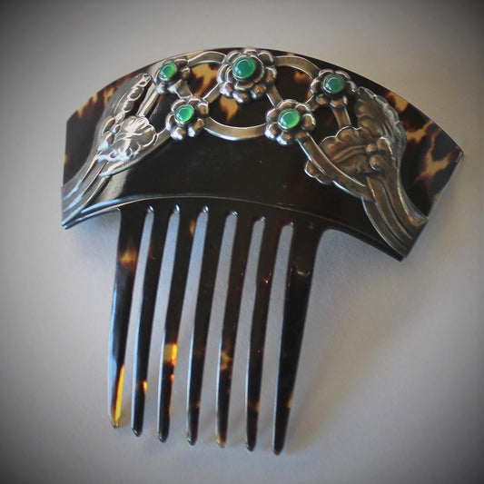 Georg Jensen Sterling Silver Hair Comb with Green Chrysoprase