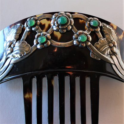 Georg Jensen Sterling Silver Hair Comb with Green Chrysoprase