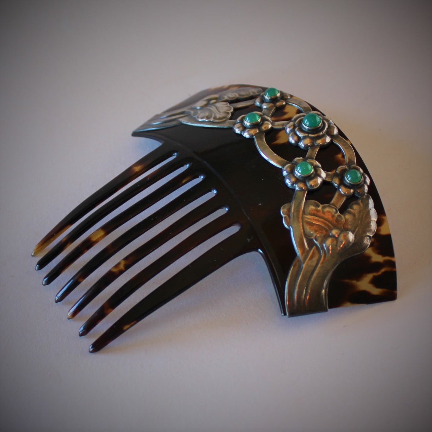 Georg Jensen Sterling Silver Hair Comb with Green Chrysoprase