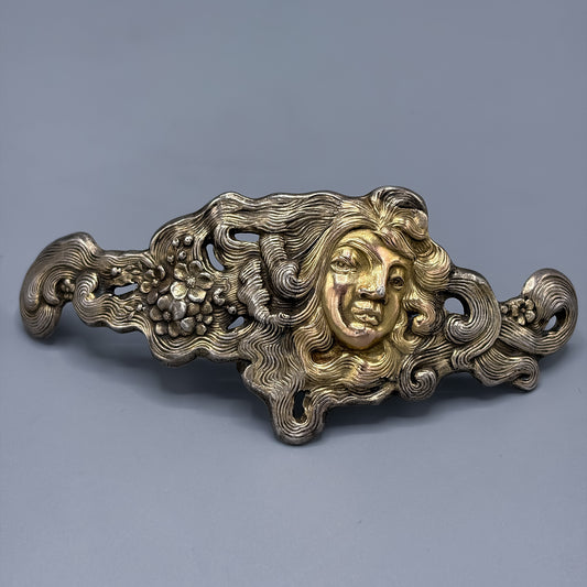 Antique Sterling Silver Art Nouveau Belt Buckle with Gilt Face by Schliebler