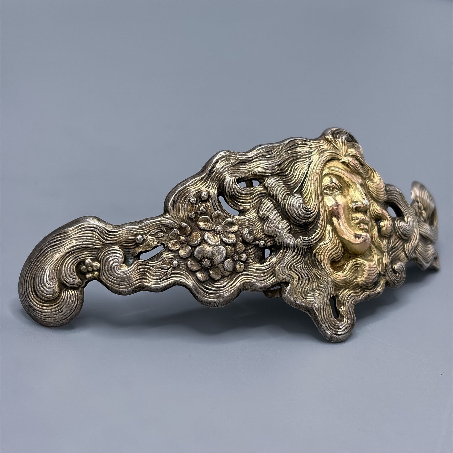 Antique Sterling Silver Art Nouveau Belt Buckle with Gilt Face by Schliebler