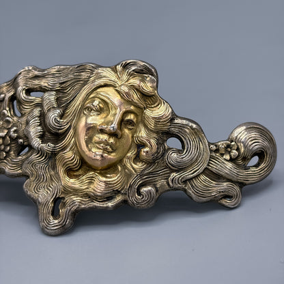 Antique Sterling Silver Art Nouveau Belt Buckle with Gilt Face by Schliebler