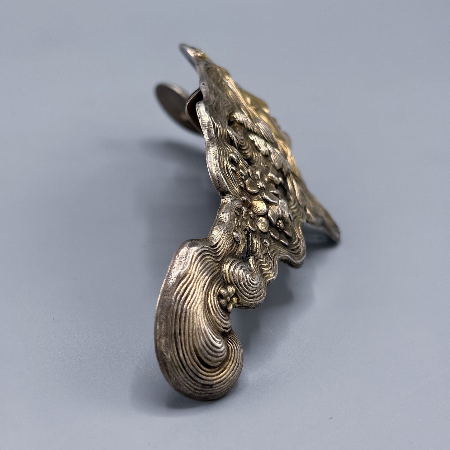 Antique Sterling Silver Art Nouveau Belt Buckle with Gilt Face by Schliebler