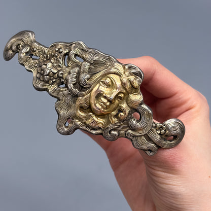 Antique Sterling Silver Art Nouveau Belt Buckle with Gilt Face by Schliebler