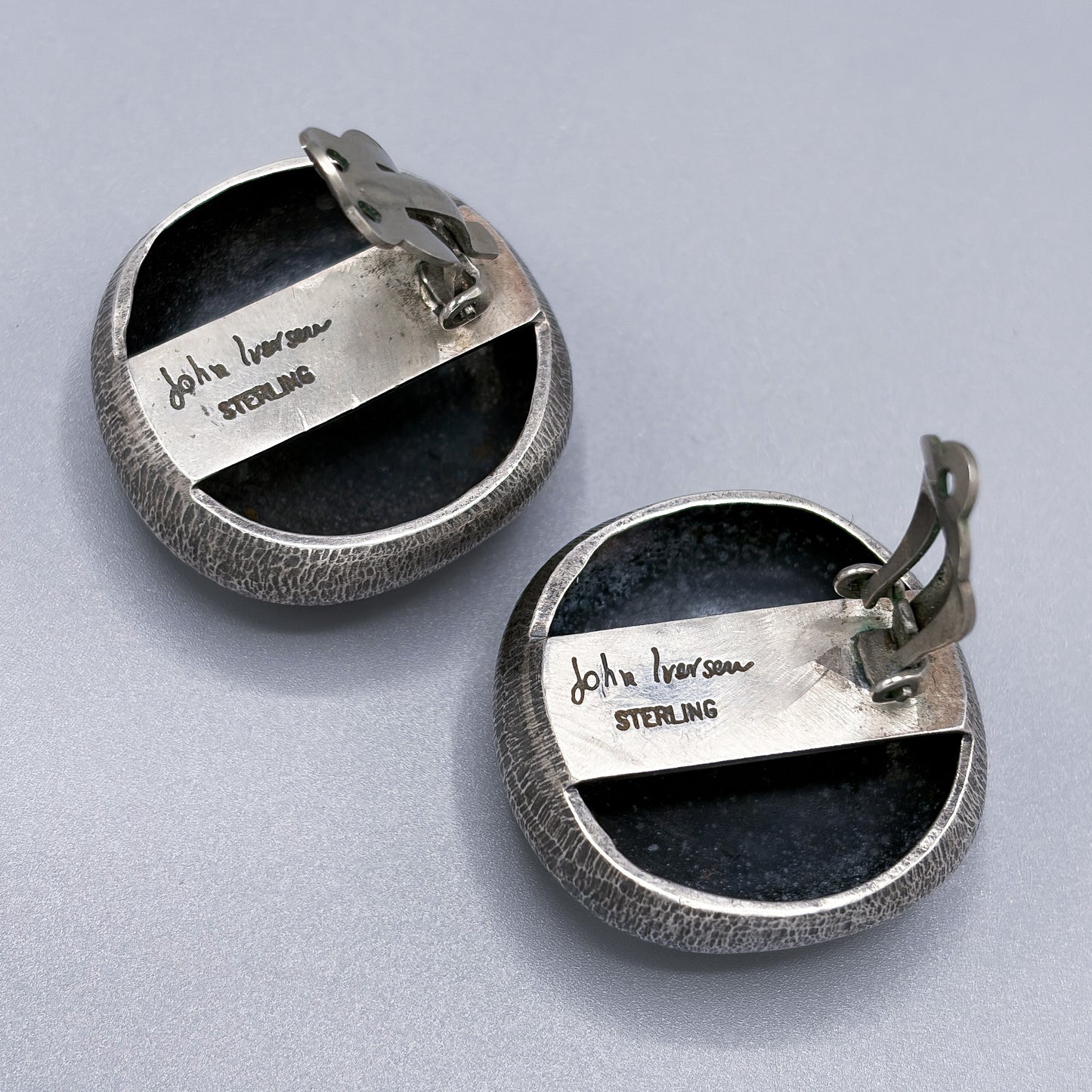 Estate Sterling Silver Brushed Pebble Clip-On Earrings by John Iversen