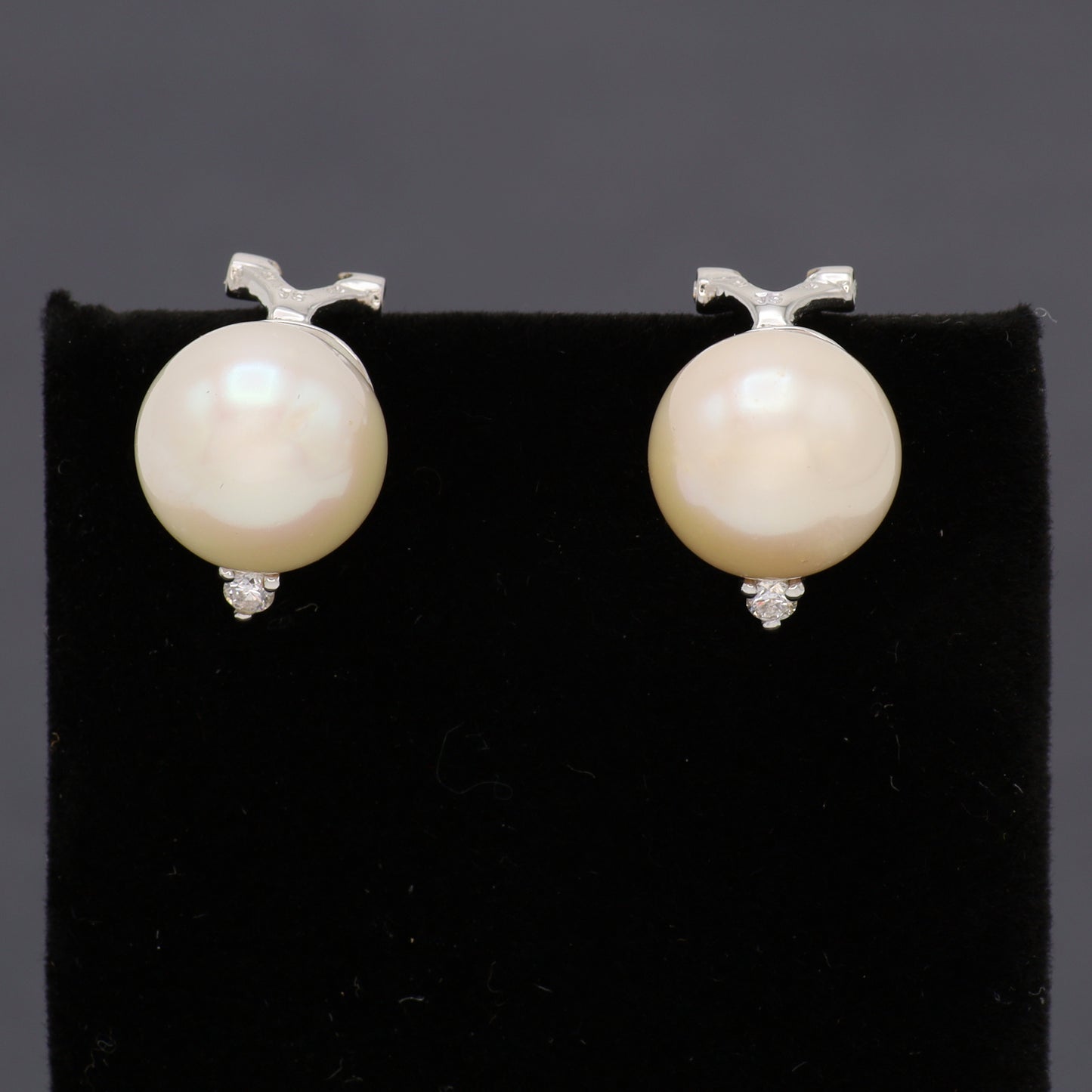Estate 18KT White Gold Post Omega Back and Pearl Earrings with Small Round Diamond