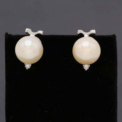 Estate 18KT White Gold Post Omega Back and Pearl Earrings with Small Round Diamond
