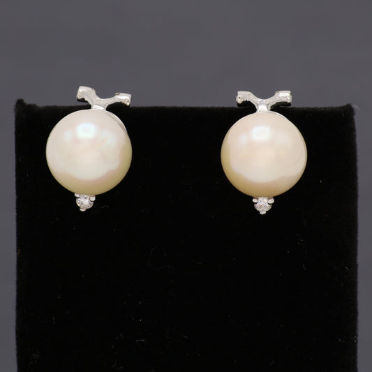 Estate 18KT White Gold Post Omega Back and Pearl Earrings with Small Round Diamond
