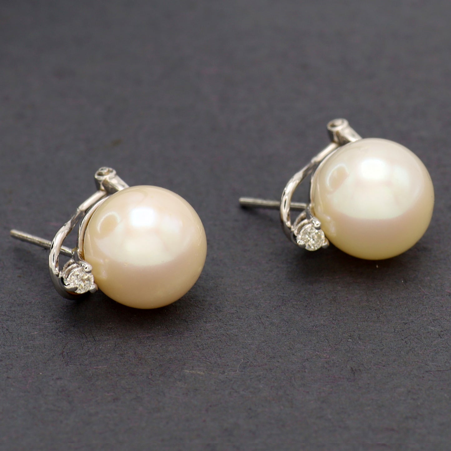Estate 18KT White Gold Post Omega Back and Pearl Earrings with Small Round Diamond