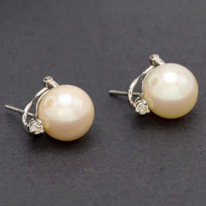 Estate 18KT White Gold Post Omega Back and Pearl Earrings with Small Round Diamond