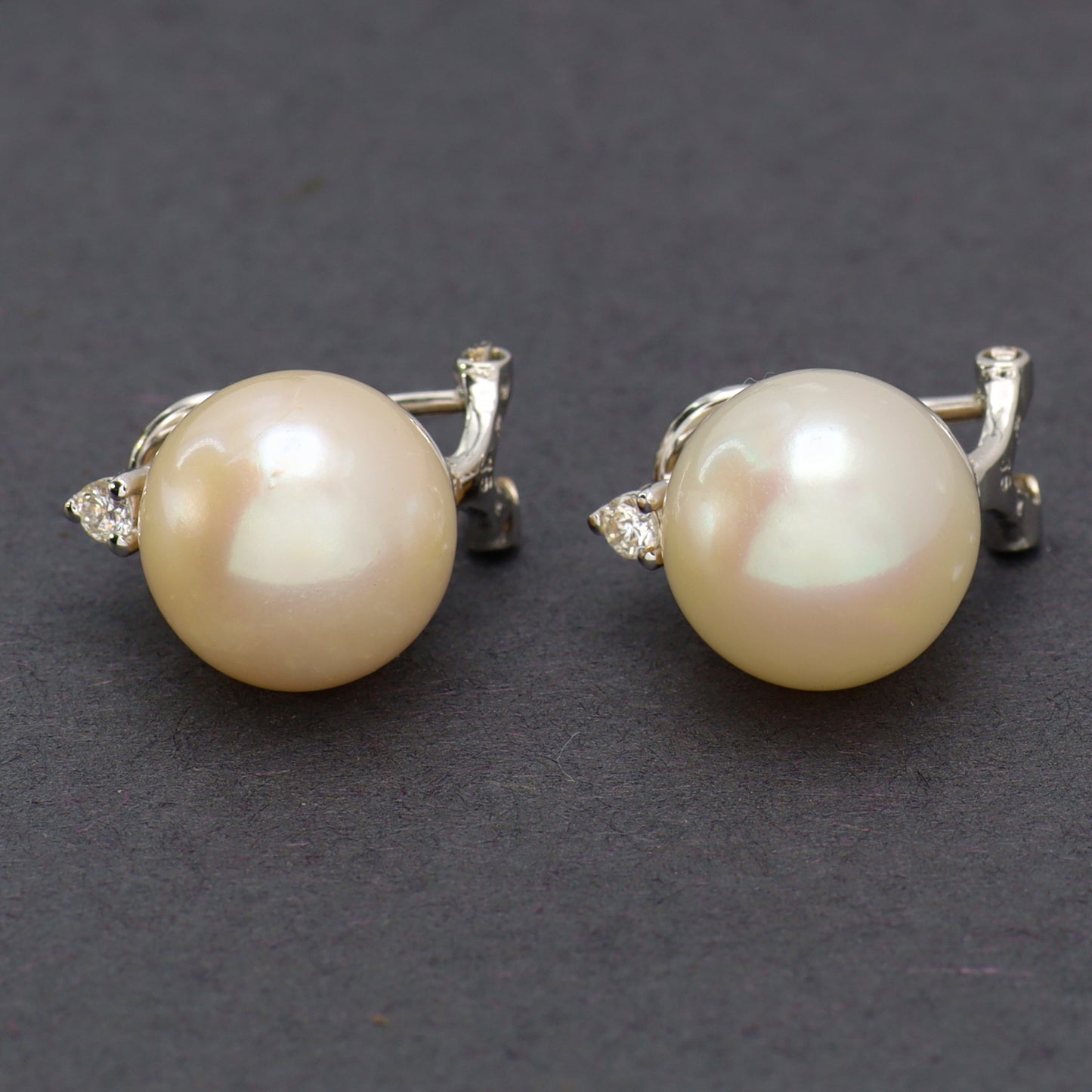 Estate 18KT White Gold Post Omega Back and Pearl Earrings with Small Round Diamond