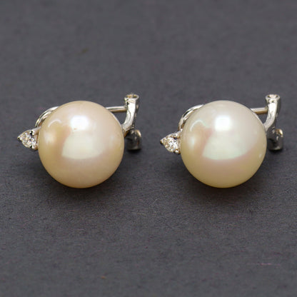 Estate 18KT White Gold Post Omega Back and Pearl Earrings with Small Round Diamond