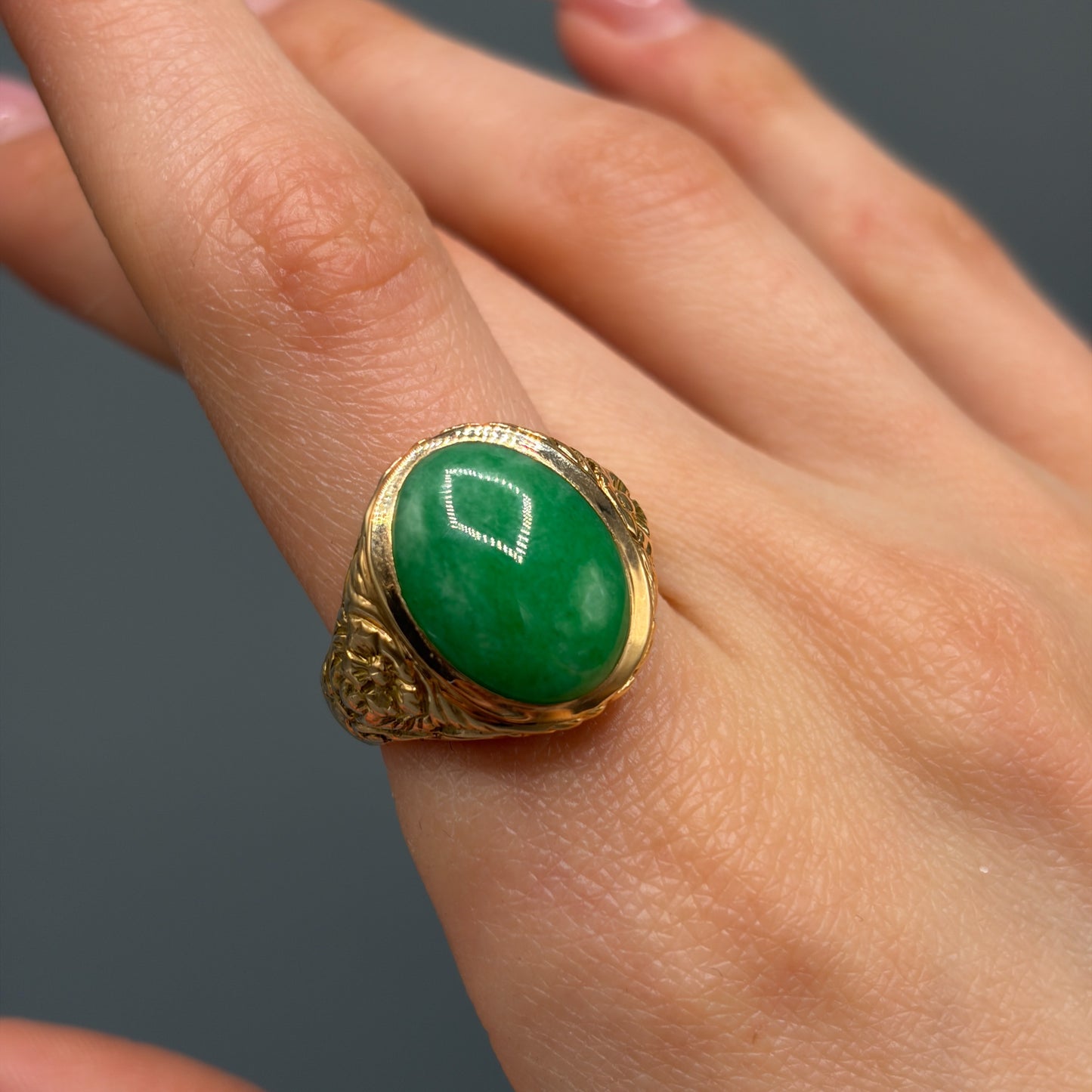 Green Jadite Ring in 14k Yellow Gold