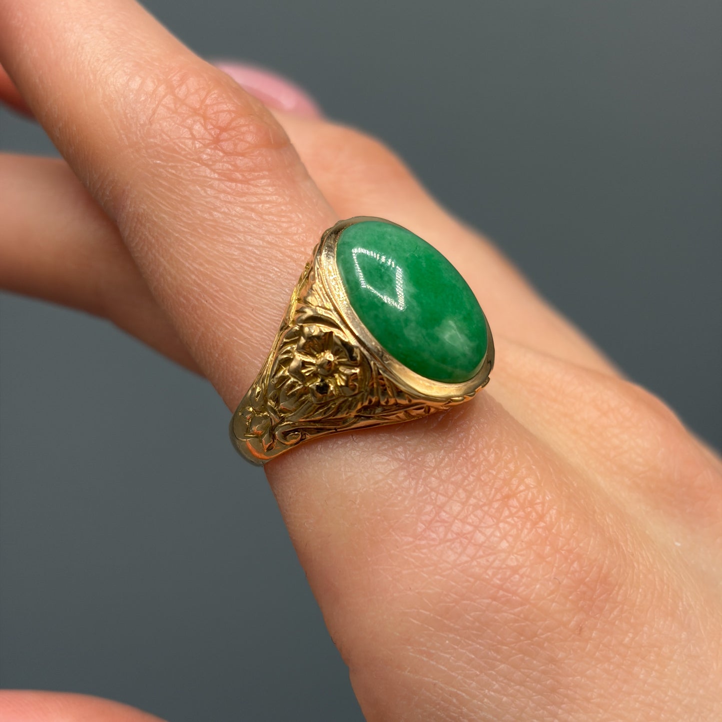 Green Jadite Ring in 14k Yellow Gold