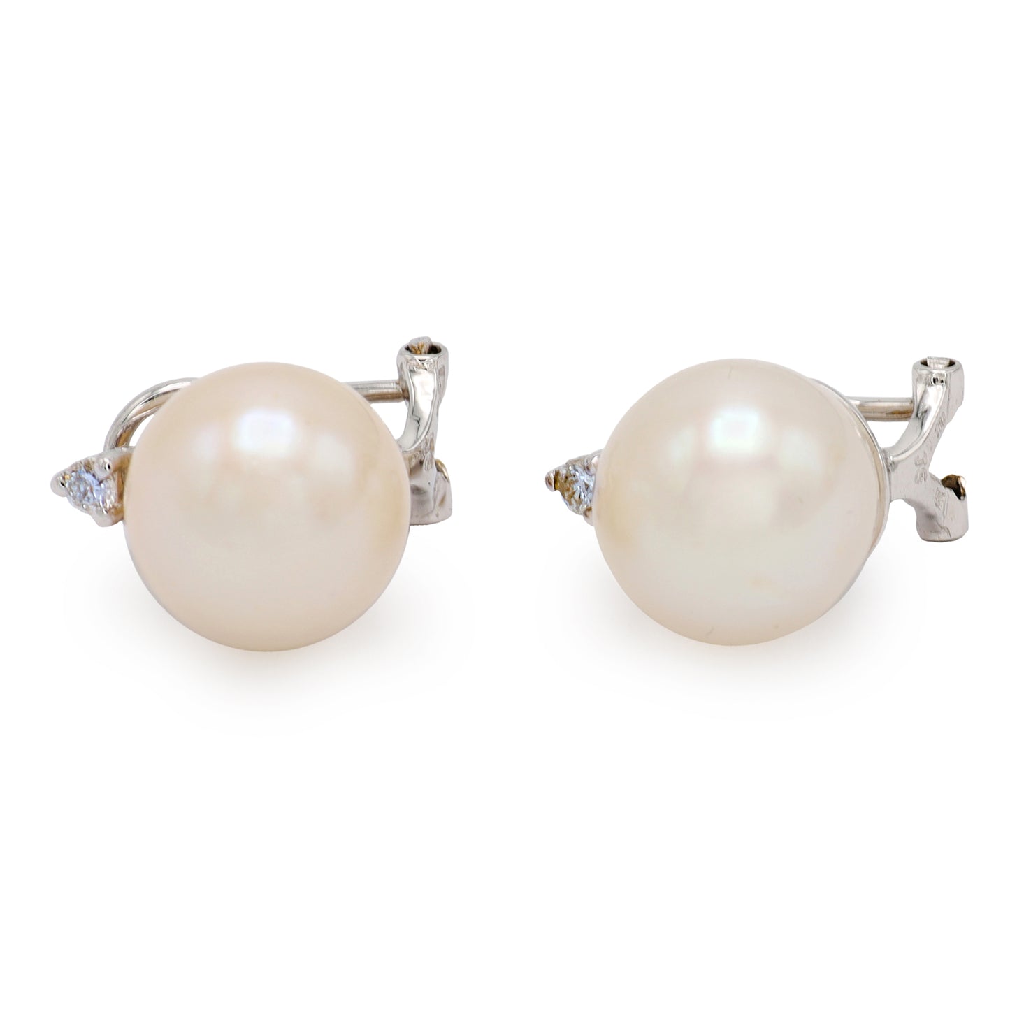 Estate 18KT White Gold Post Omega Back and Pearl Earrings with Small Round Diamond