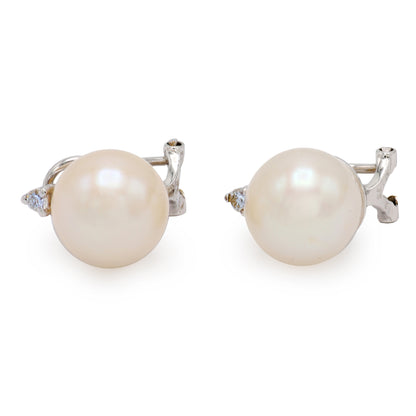 Estate 18KT White Gold Post Omega Back and Pearl Earrings with Small Round Diamond