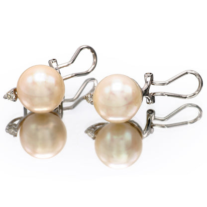 Estate 18KT White Gold Post Omega Back and Pearl Earrings with Small Round Diamond