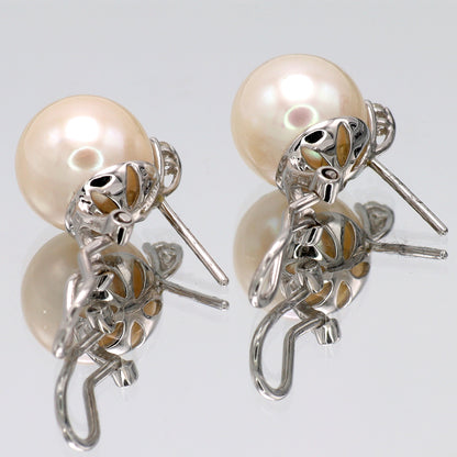 Estate 18KT White Gold Post Omega Back and Pearl Earrings with Small Round Diamond