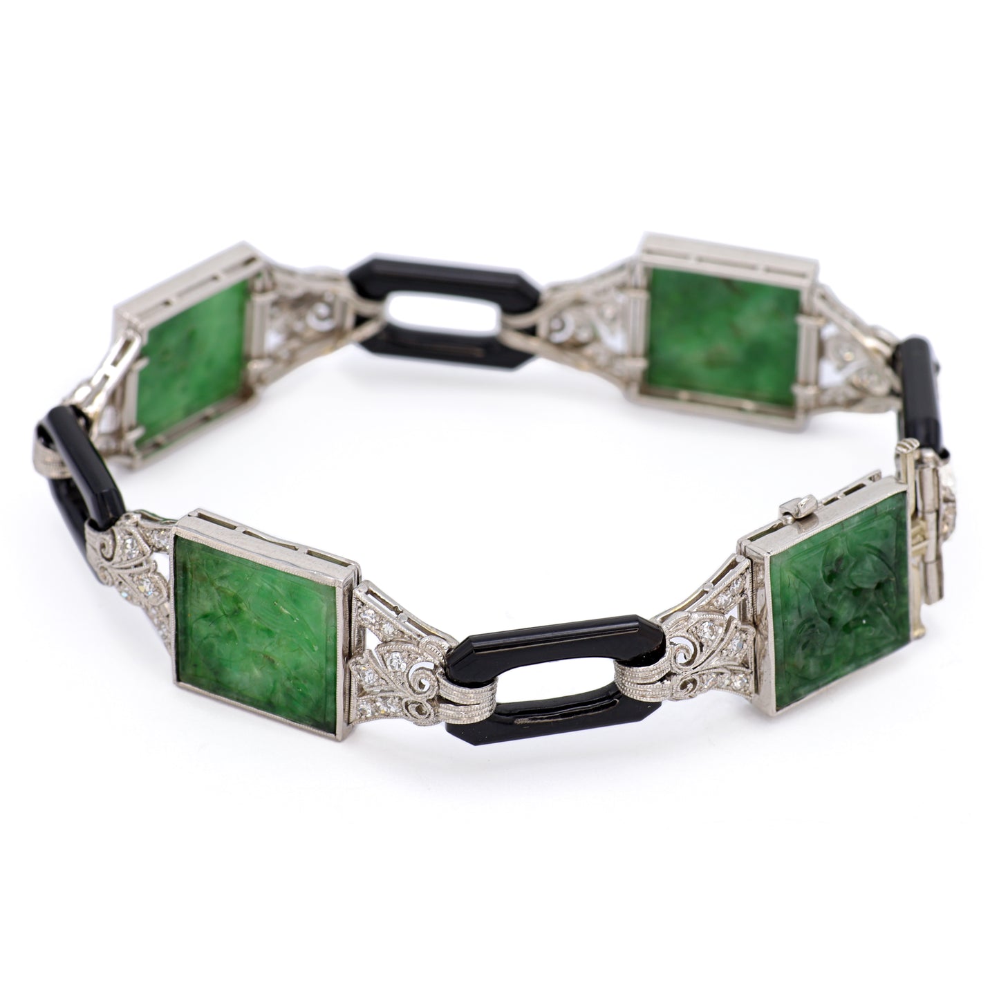 Estate Art Deco Jadeite Jade Diamond, Black Enamel, Platinum and and White Gold Bracelet
