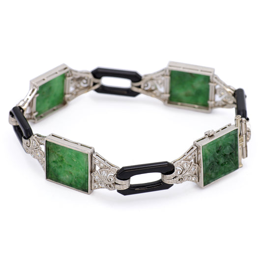 Estate Art Deco Jadeite Jade Diamond, Black Enamel, Platinum and and White Gold Bracelet