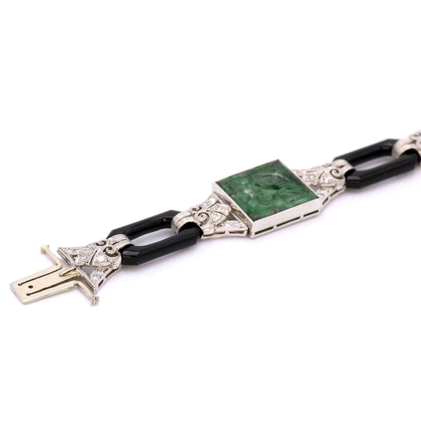 Estate Art Deco Jadeite Jade Diamond, Black Enamel, Platinum and and White Gold Bracelet