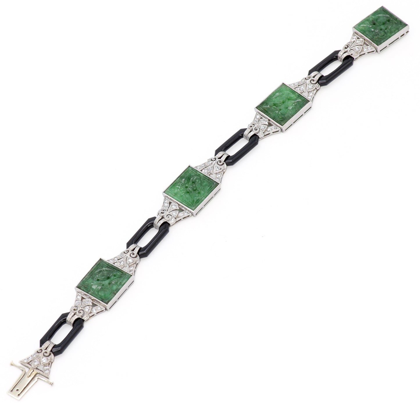 Estate Art Deco Jadeite Jade Diamond, Black Enamel, Platinum and and White Gold Bracelet