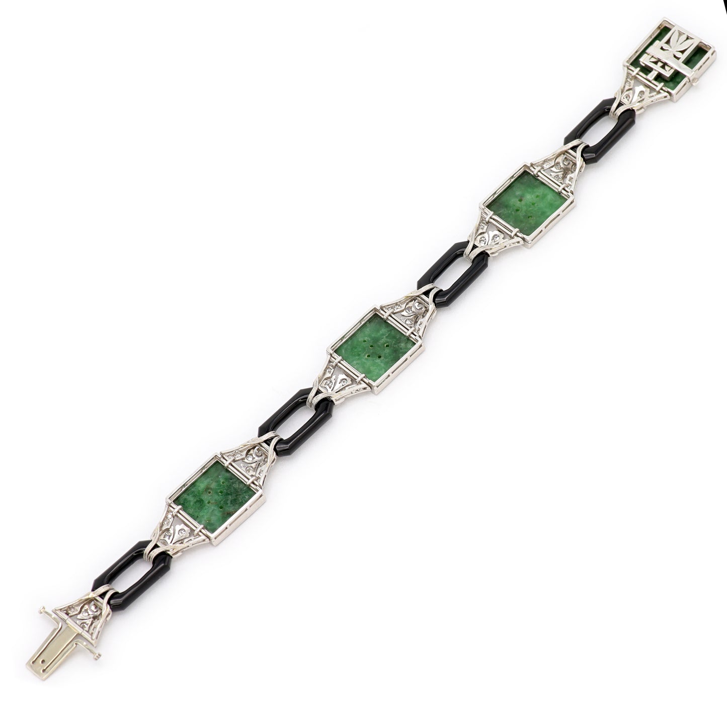 Estate Art Deco Jadeite Jade Diamond, Black Enamel, Platinum and and White Gold Bracelet