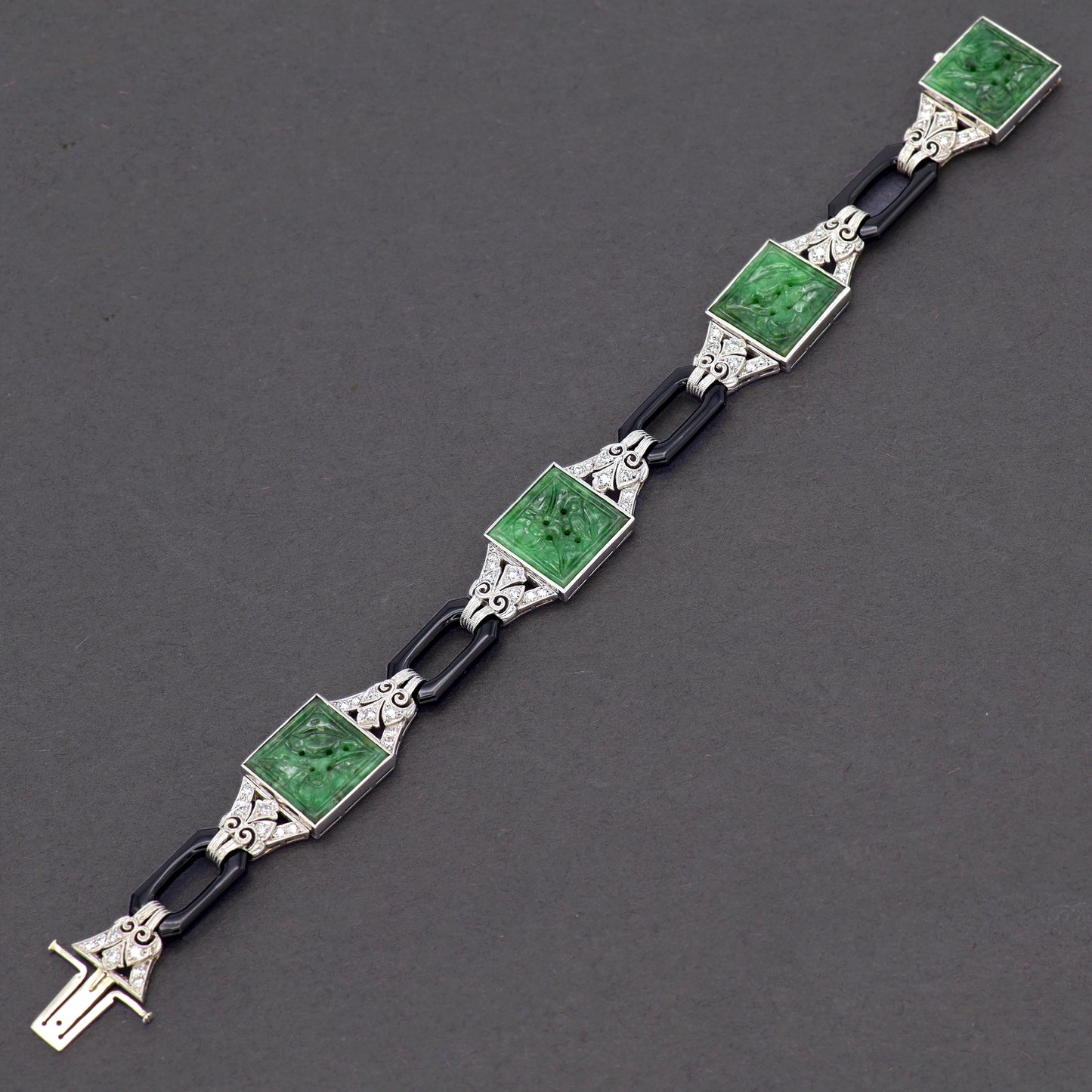 Estate Art Deco Jadeite Jade Diamond, Black Enamel, Platinum and and White Gold Bracelet