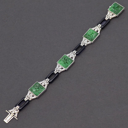 Estate Art Deco Jadeite Jade Diamond, Black Enamel, Platinum and and White Gold Bracelet