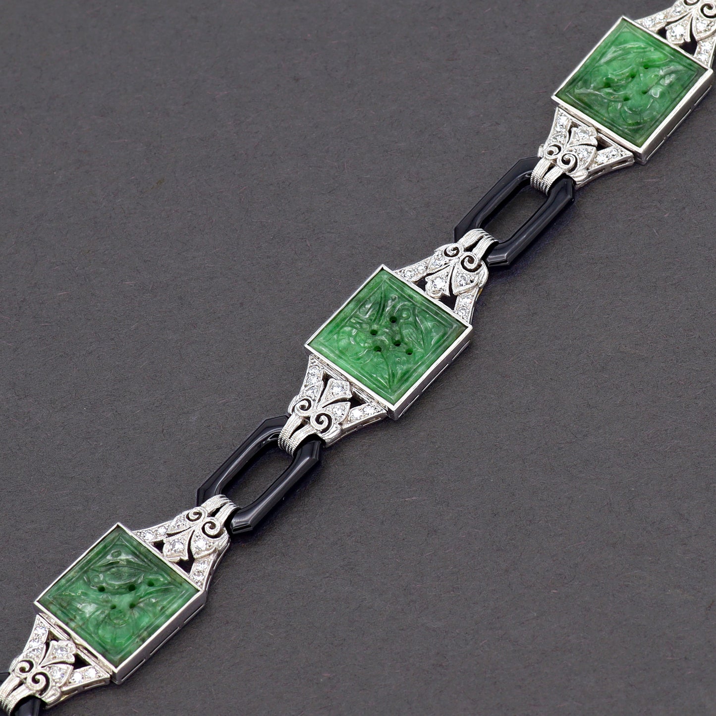 Estate Art Deco Jadeite Jade Diamond, Black Enamel, Platinum and and White Gold Bracelet