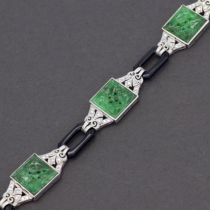 Estate Art Deco Jadeite Jade Diamond, Black Enamel, Platinum and and White Gold Bracelet
