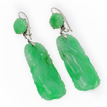 Estate Edwardian Carved Apple Green Jadeite Dangle Earrings with Round Cabochon