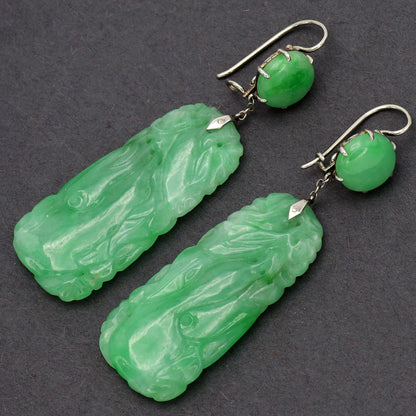 Estate Edwardian Carved Apple Green Jadeite Dangle Earrings with Round Cabochon
