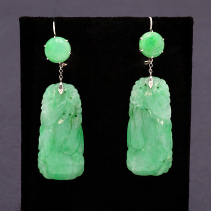 Estate Edwardian Carved Apple Green Jadeite Dangle Earrings with Round Cabochon