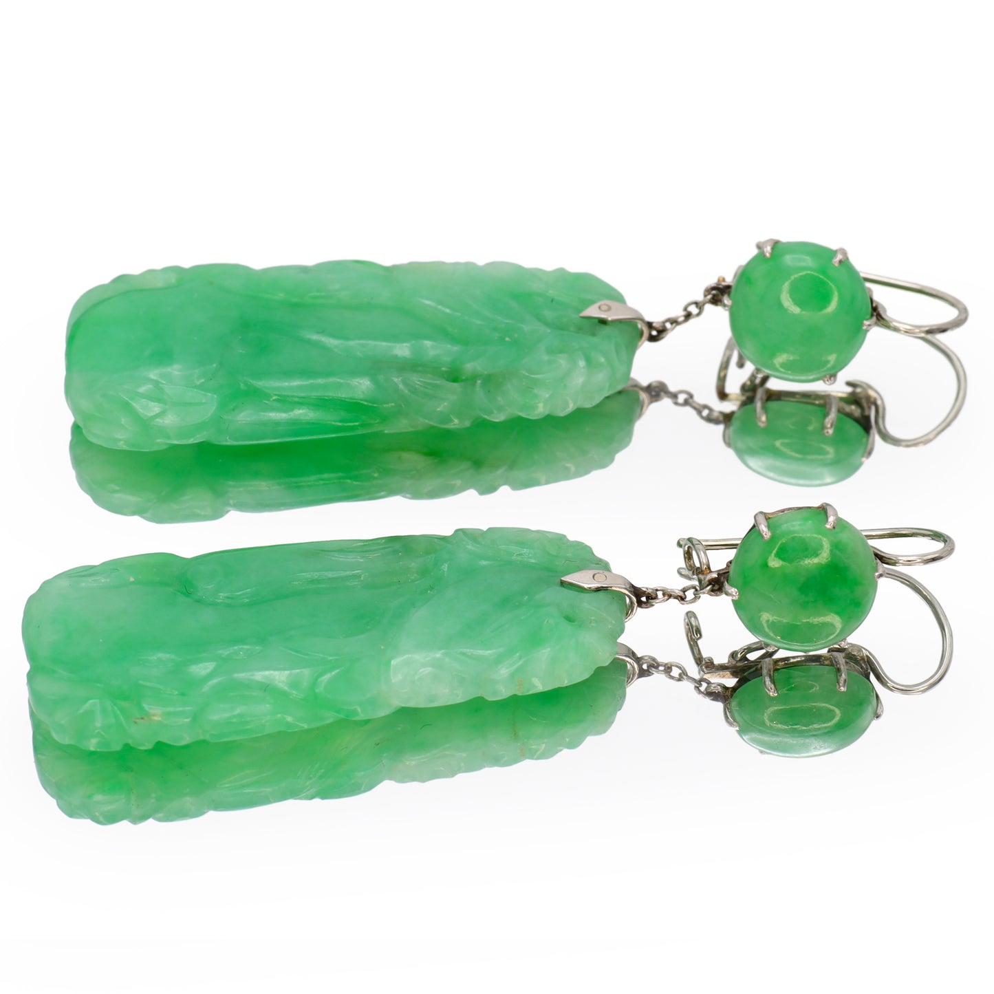 Estate Edwardian Carved Apple Green Jadeite Dangle Earrings with Round Cabochon