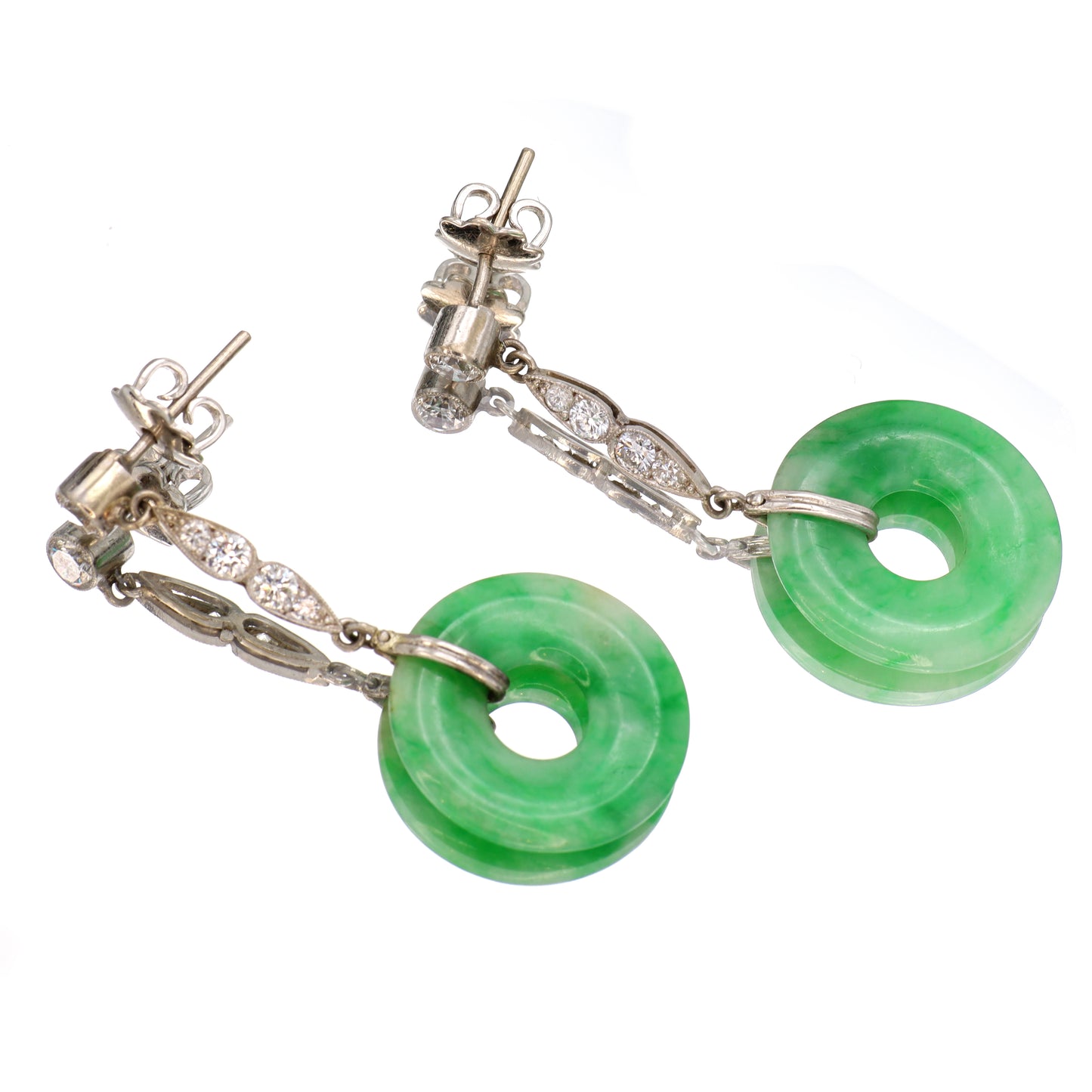 Estate Art Deco Jadeite Circular 18KT White Gold Diamond Drop Earrings