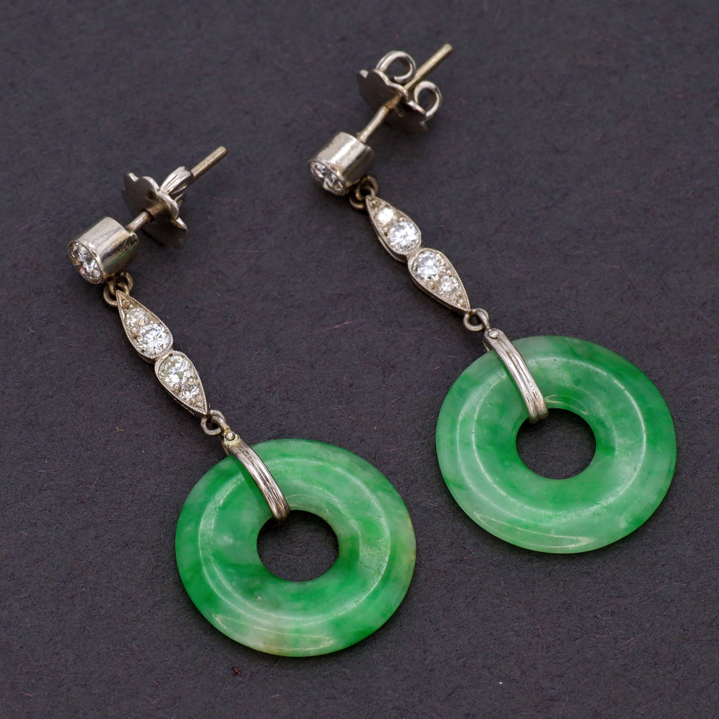 Estate Art Deco Jadeite Circular 18KT White Gold Diamond Drop Earrings
