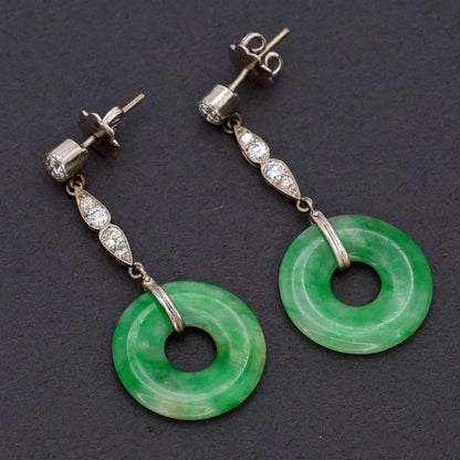 Estate Art Deco Jadeite Circular 18KT White Gold Diamond Drop Earrings