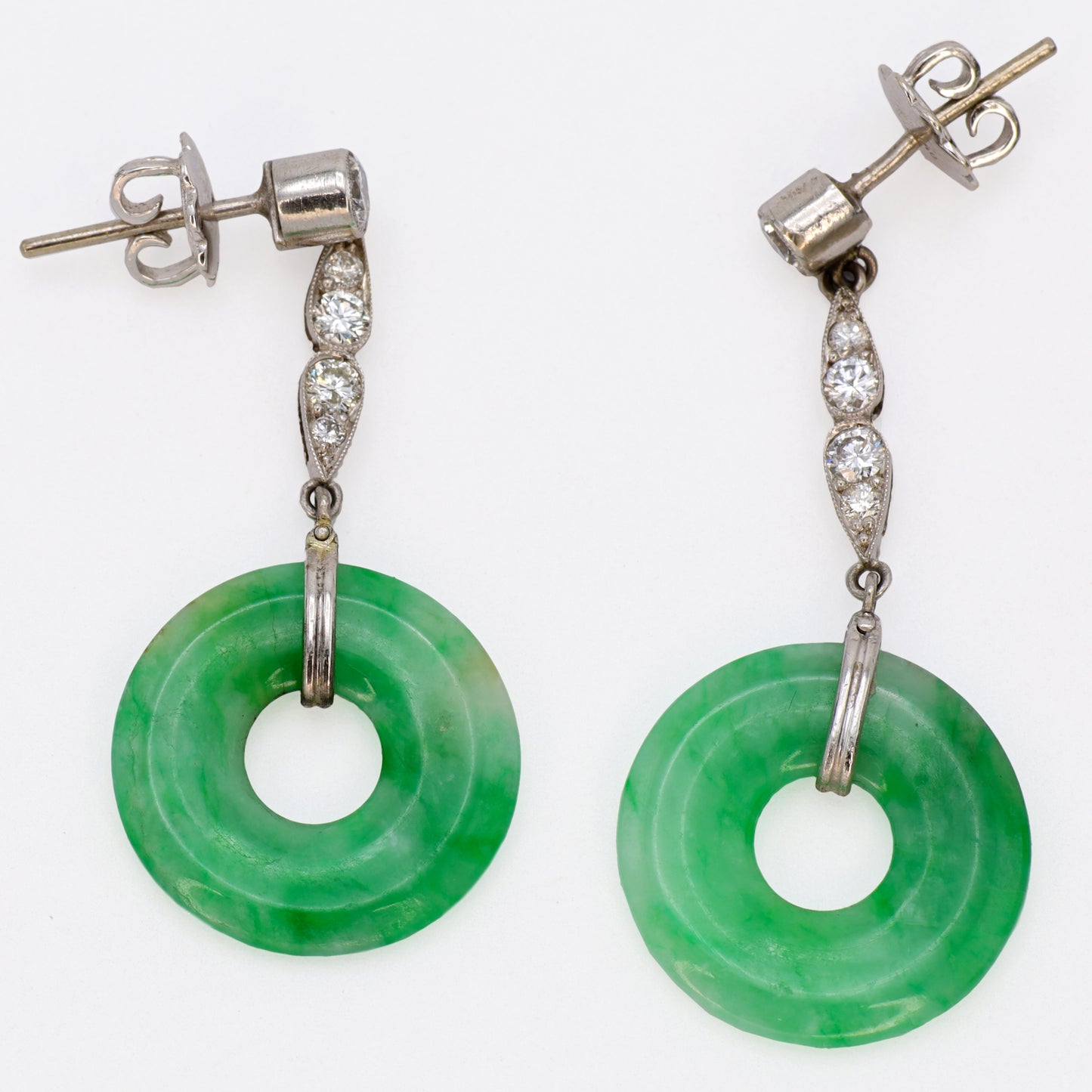 Estate Art Deco Jadeite Circular 18KT White Gold Diamond Drop Earrings