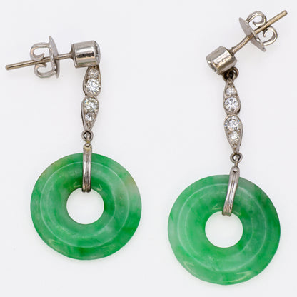 Estate Art Deco Jadeite Circular 18KT White Gold Diamond Drop Earrings