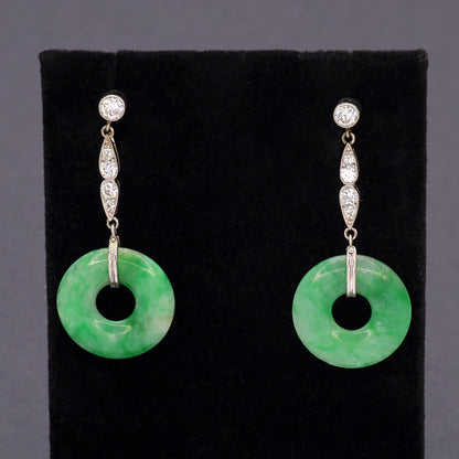 Estate Art Deco Jadeite Circular 18KT White Gold Diamond Drop Earrings