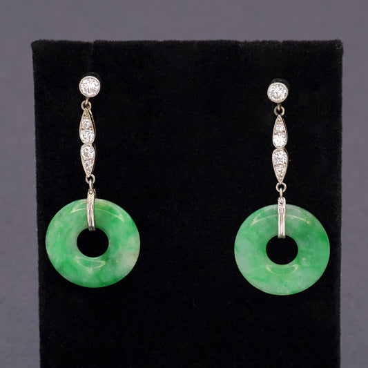 Estate Art Deco Jadeite Circular 18KT White Gold Diamond Drop Earrings