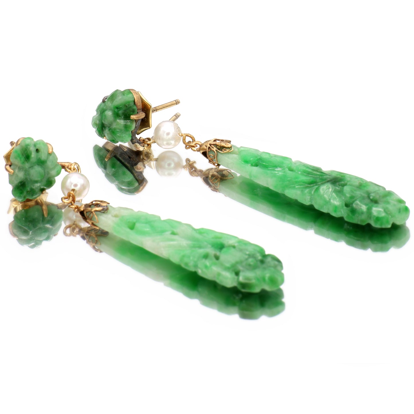 Estate Edwardian Carved Jadeite Earrings with Pearls