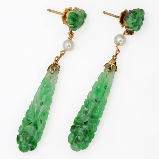 Estate Edwardian Carved Jadeite Earrings with Pearls