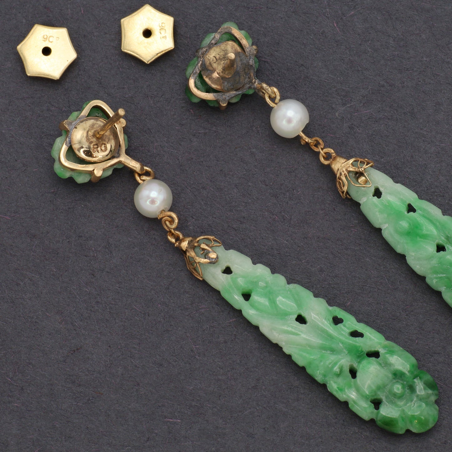 Estate Edwardian Carved Jadeite Earrings with Pearls