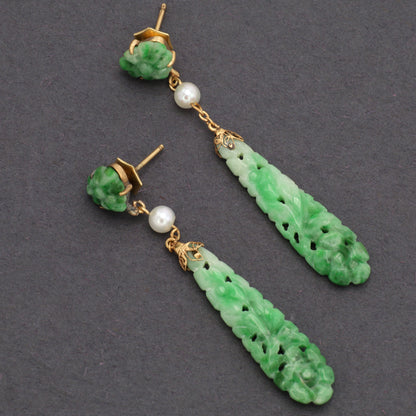 Estate Edwardian Carved Jadeite Earrings with Pearls