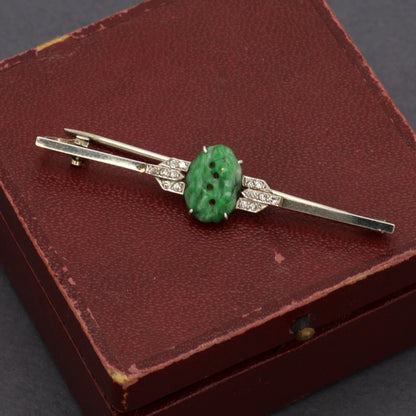 Estate Jadeite Carved Art Deco Platinum and Diamond Brooch