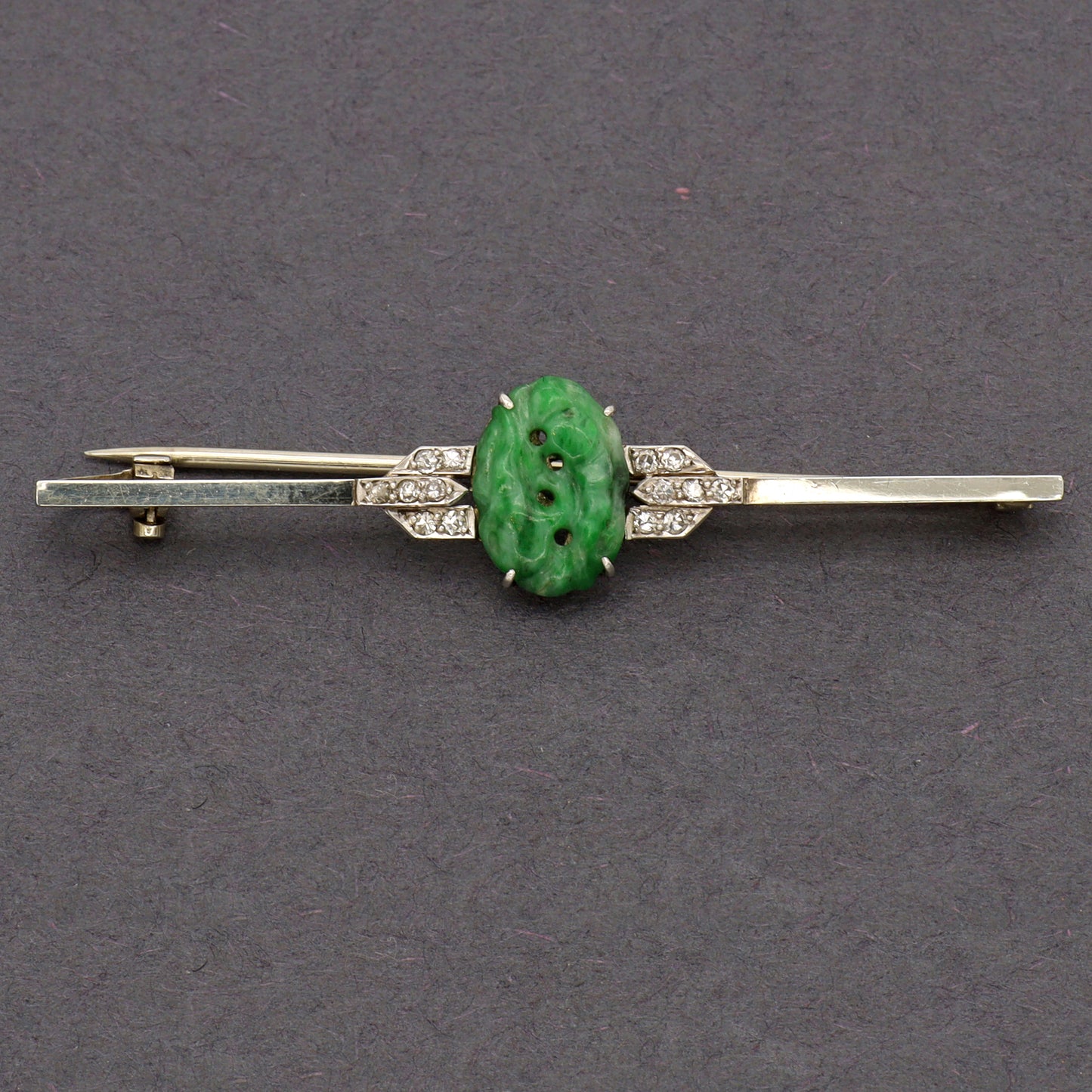 Estate Jadeite Carved Art Deco Platinum and Diamond Brooch